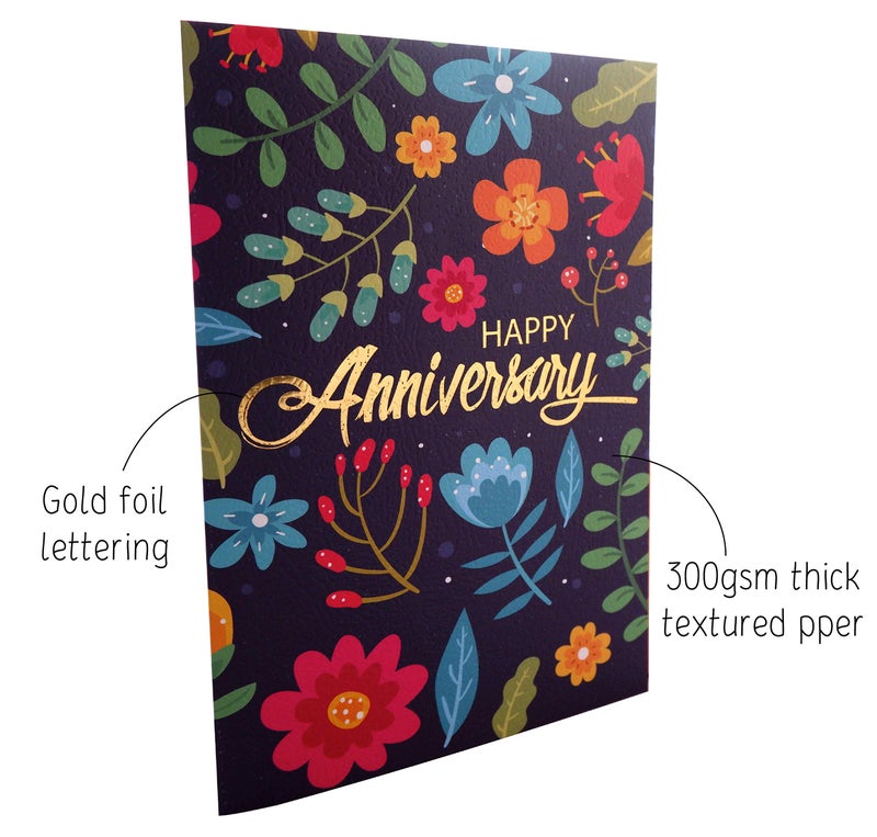 CHRIZ.Z Anniversary Card - Gold Foil Multicolored Floral Dark Blue Textured Greeting Card with Kraft Envelope - 5" x 7" - Happy Anniversary Card For Couple, Valentine, Employee, Him or Husband - Blank Inside - Image 3